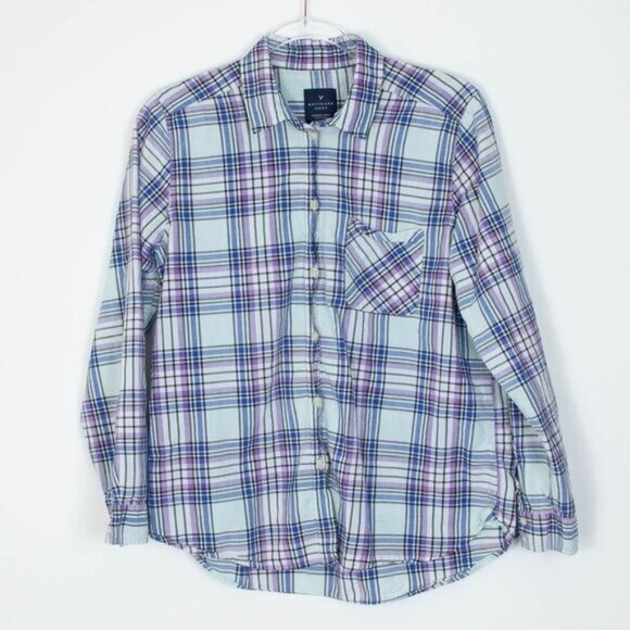 American Eagle Womens Boyfriend‎ Plaid Button Down Shirt Size Large Blue Casual - Picture 1 of 9